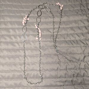 $1 with Bundle ~ Long Silver Chain Necklace Pink Bead Clusters 6294